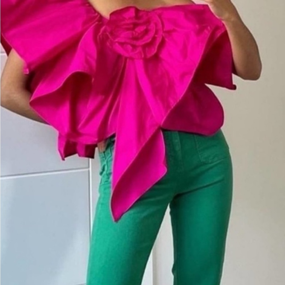Zara Fuchsia Pink 3D ROSE RUFFLED ASYMMETRIC TOP - Picture 3 of 12